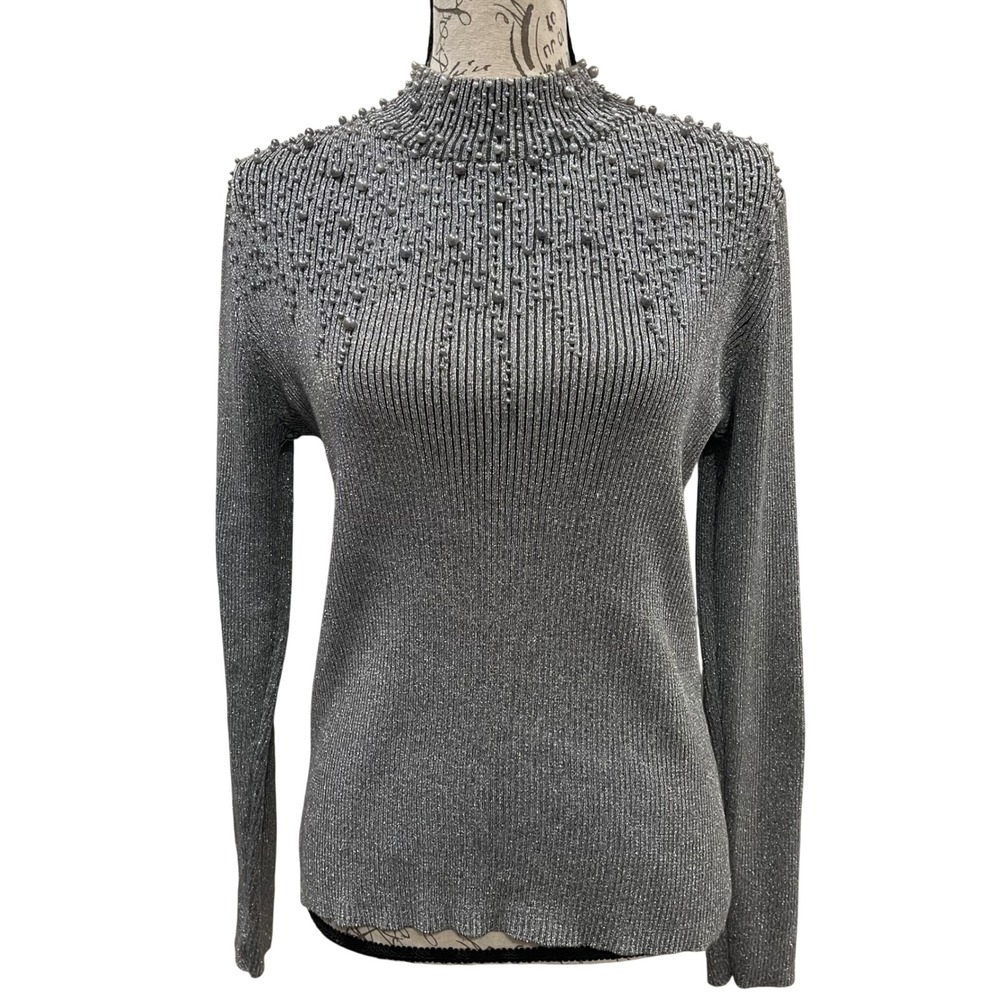Lauren Michelle Sweater Women M Silver Metallic Pearl Beaded Holiday Festive